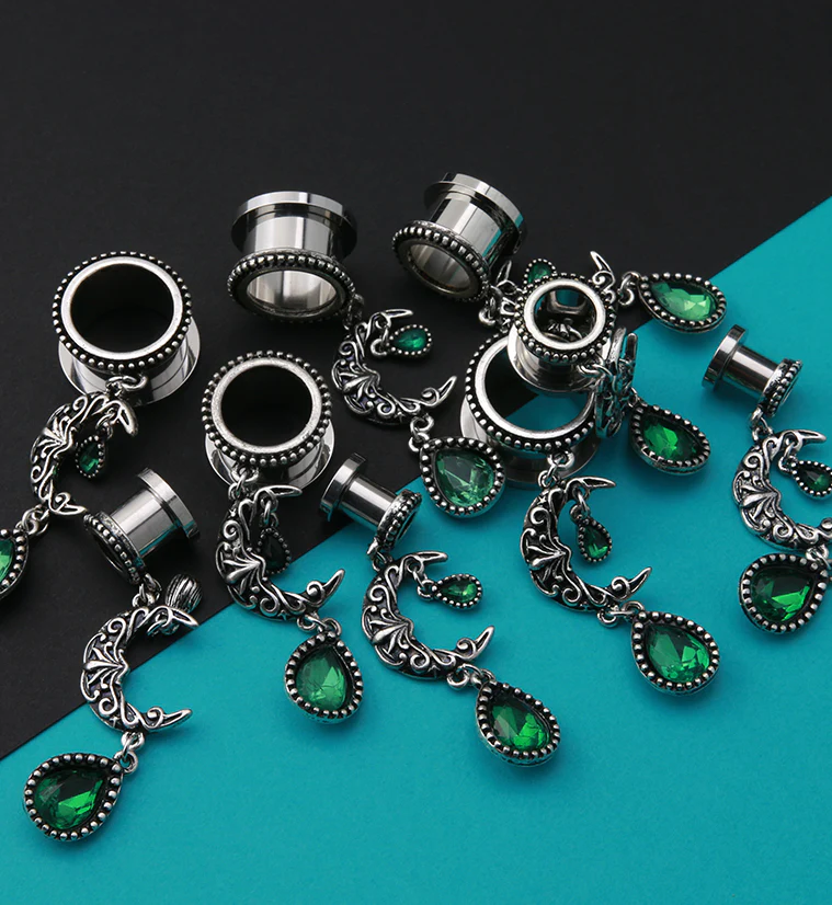 Emerald Crescent Moon Dangle Stainless Steel Tunnels - Mrs Treak