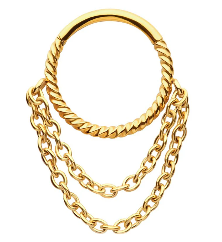 Gold PVD Twine Double Dangle Chain Stainless Steel Hinged Segment Ring - Mrs Treak