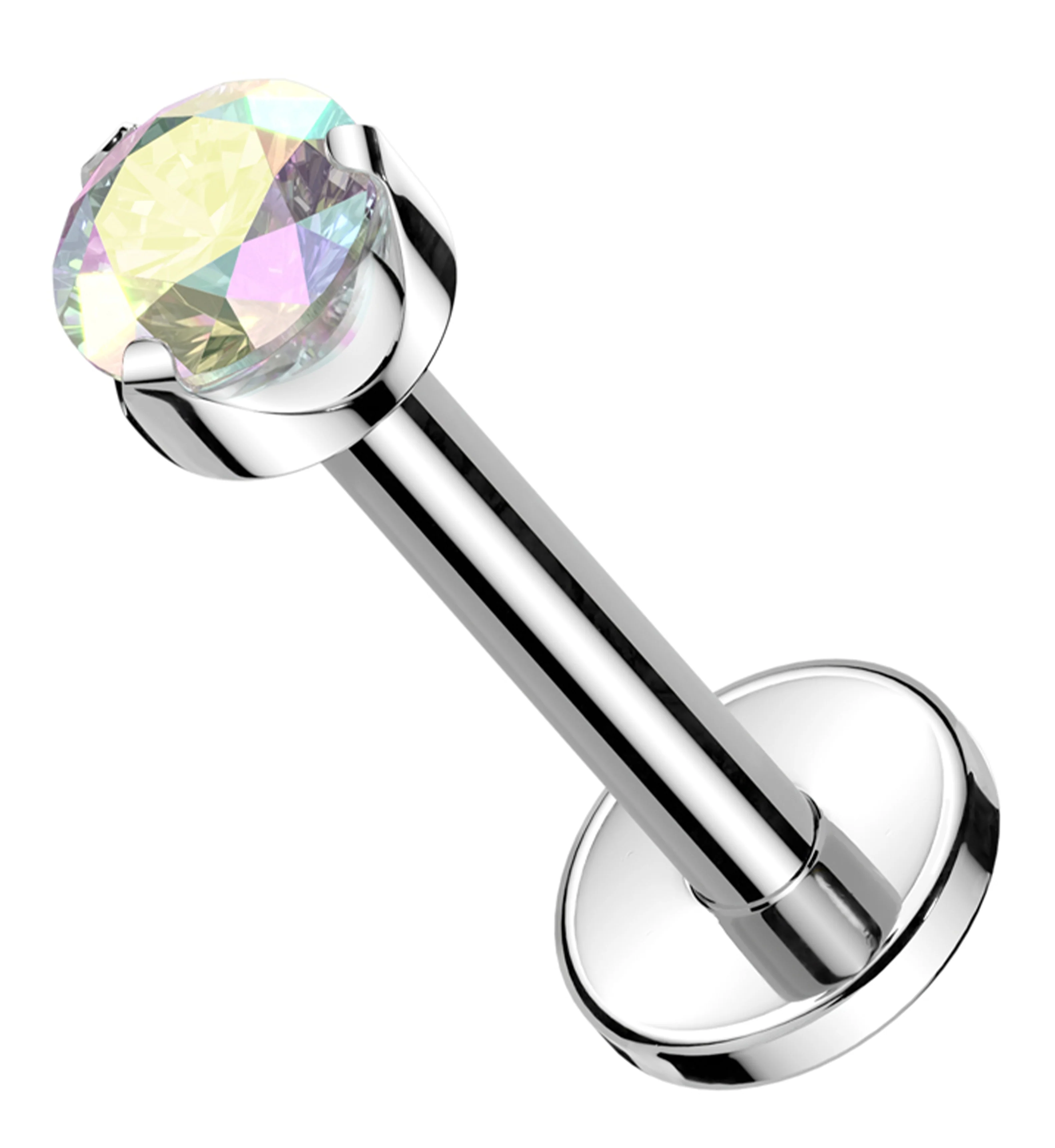 Flat Back Prong Rainbow Aurora CZ Internally Threaded Titanium Labret - Mrs Treak