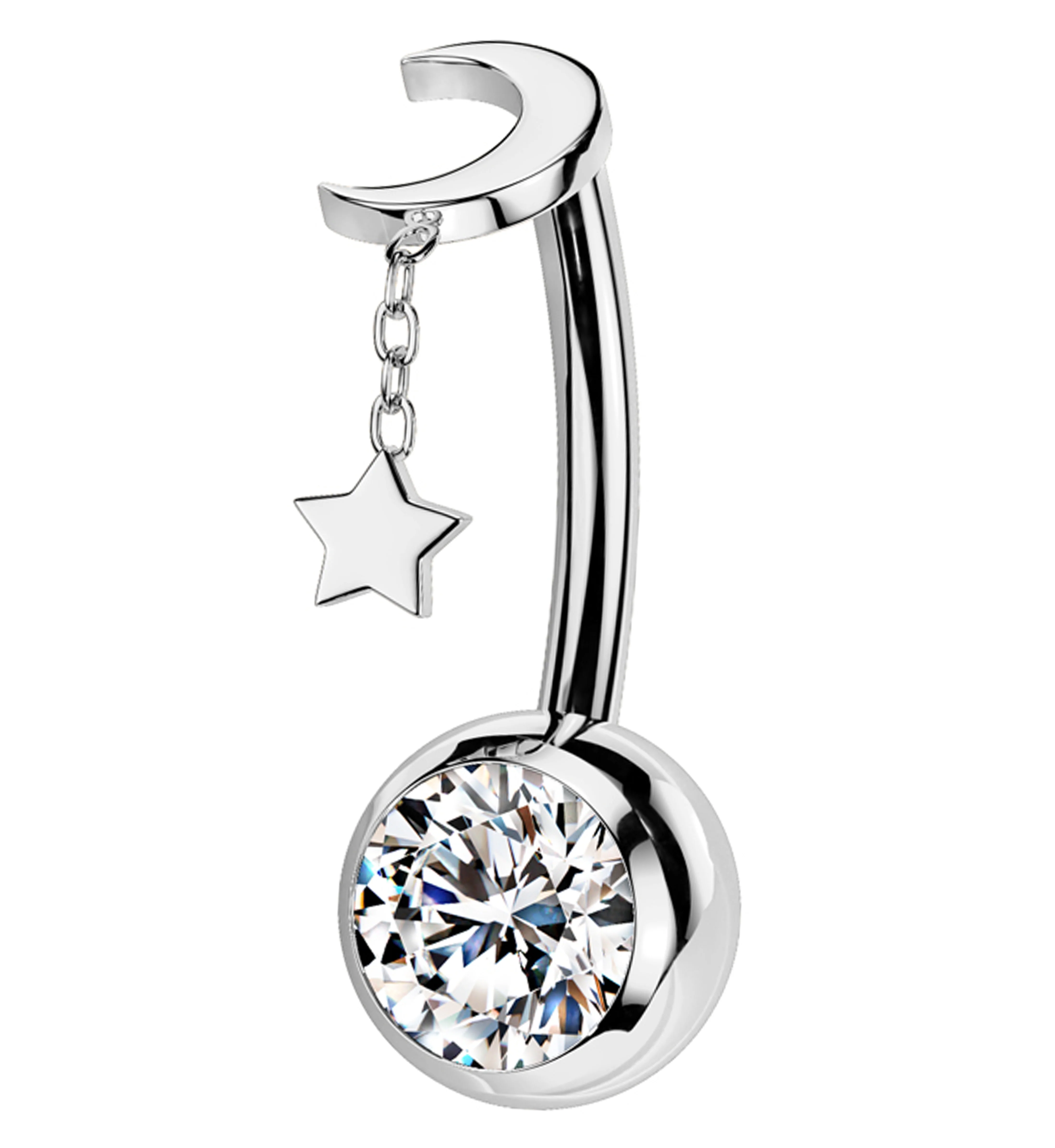 Crescent Dangle Star Clear CZ Titanium Threadless Belly Button Ring - Mrs Treak