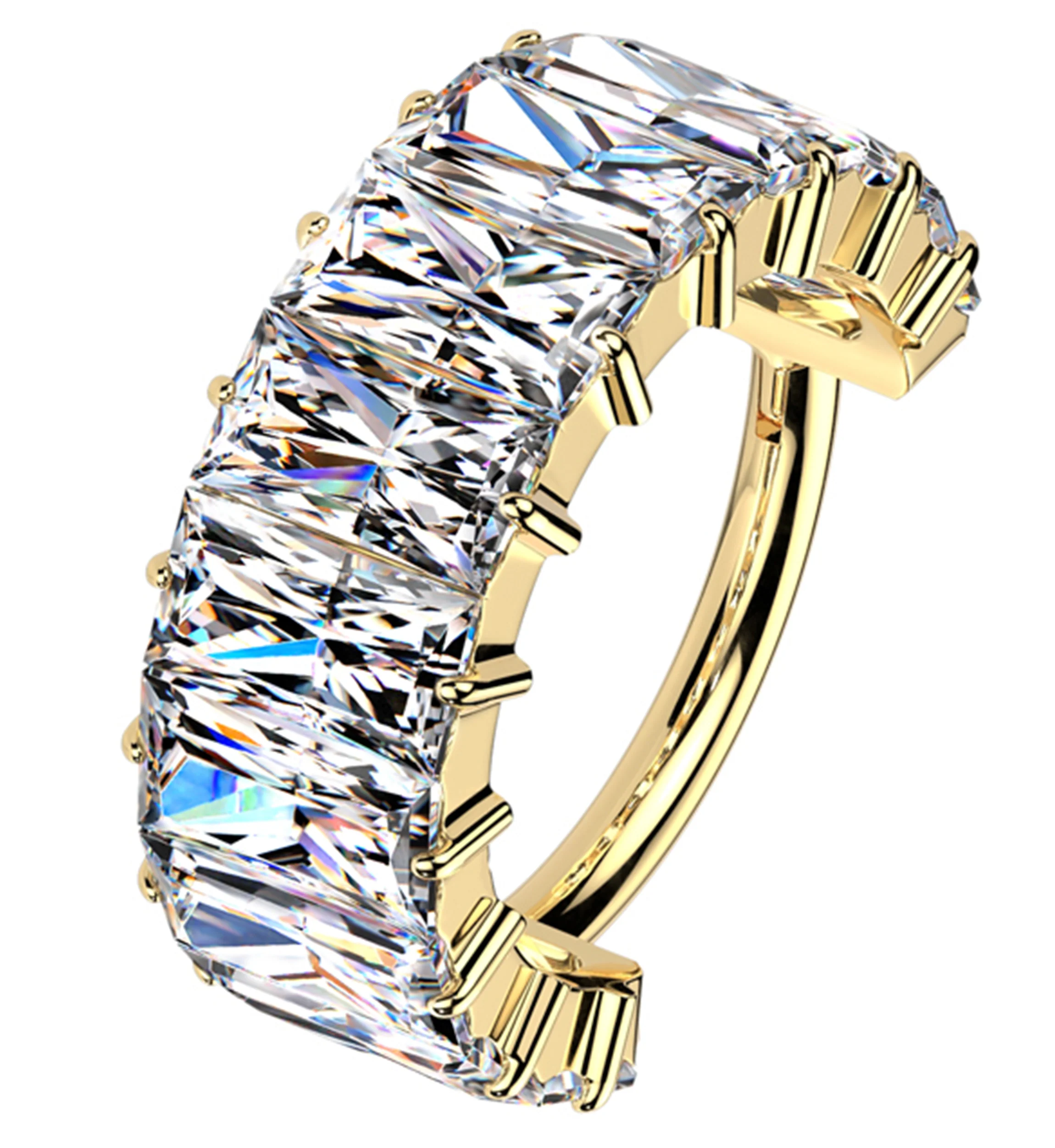 Gold PVD Thick Baguette Clear CZ Titanium Hinged Segment Ring - Mrs Treak