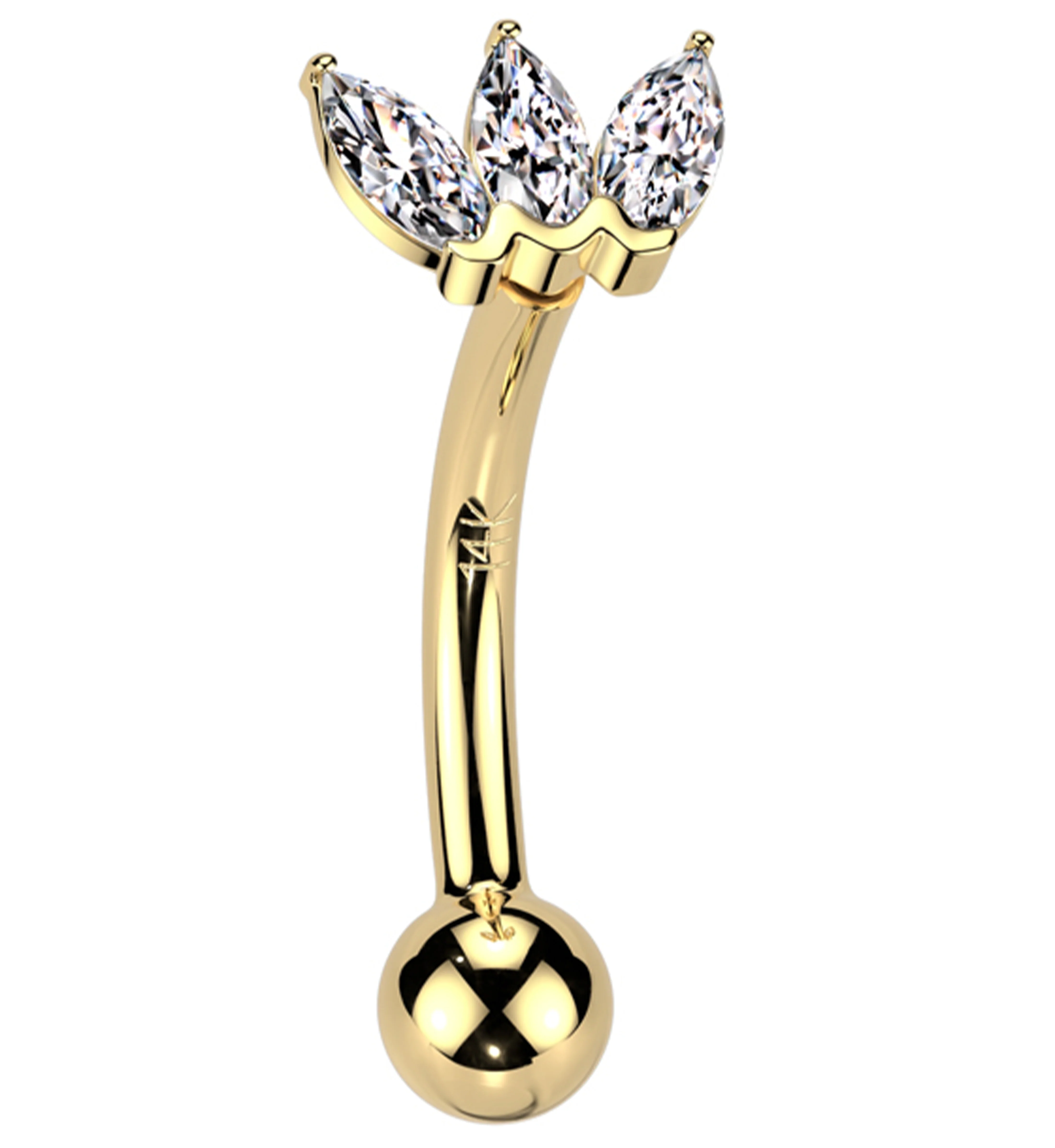 14kt Gold Triple Marquise Clear CZ Threadless Curved Barbell - Mrs Treak