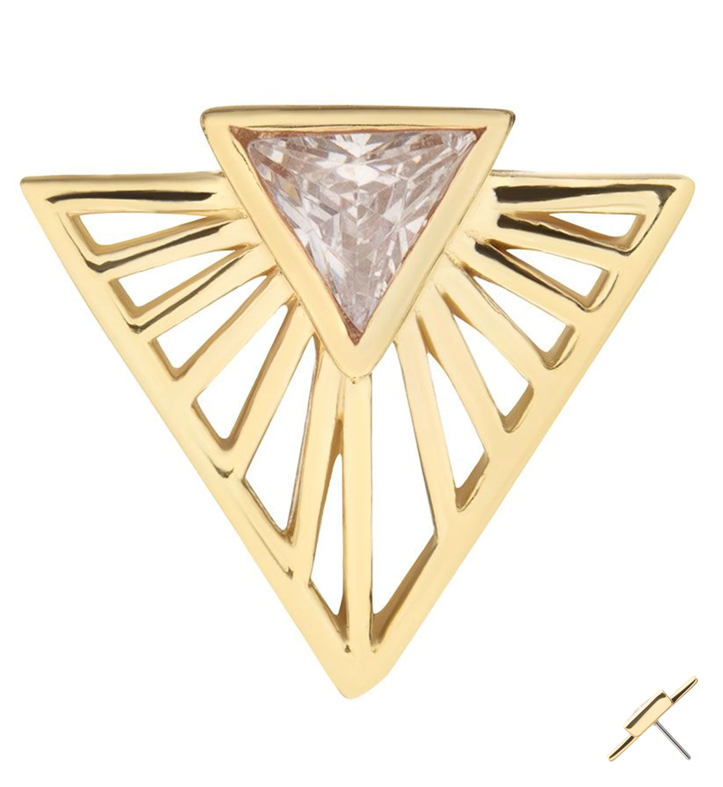 14kt Gold Empire Twin Triangle Clear CZ Threadless Top - Mrs Treak