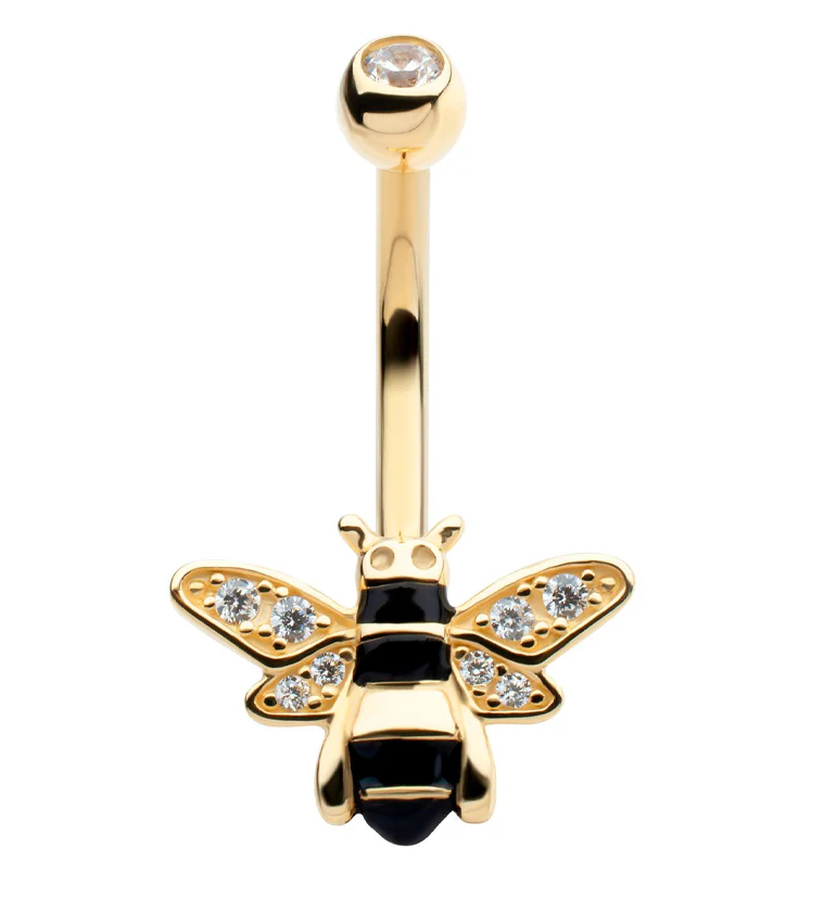 14kt Gold Bumblebee Clear CZ Belly Button Ring - Mrs Treak