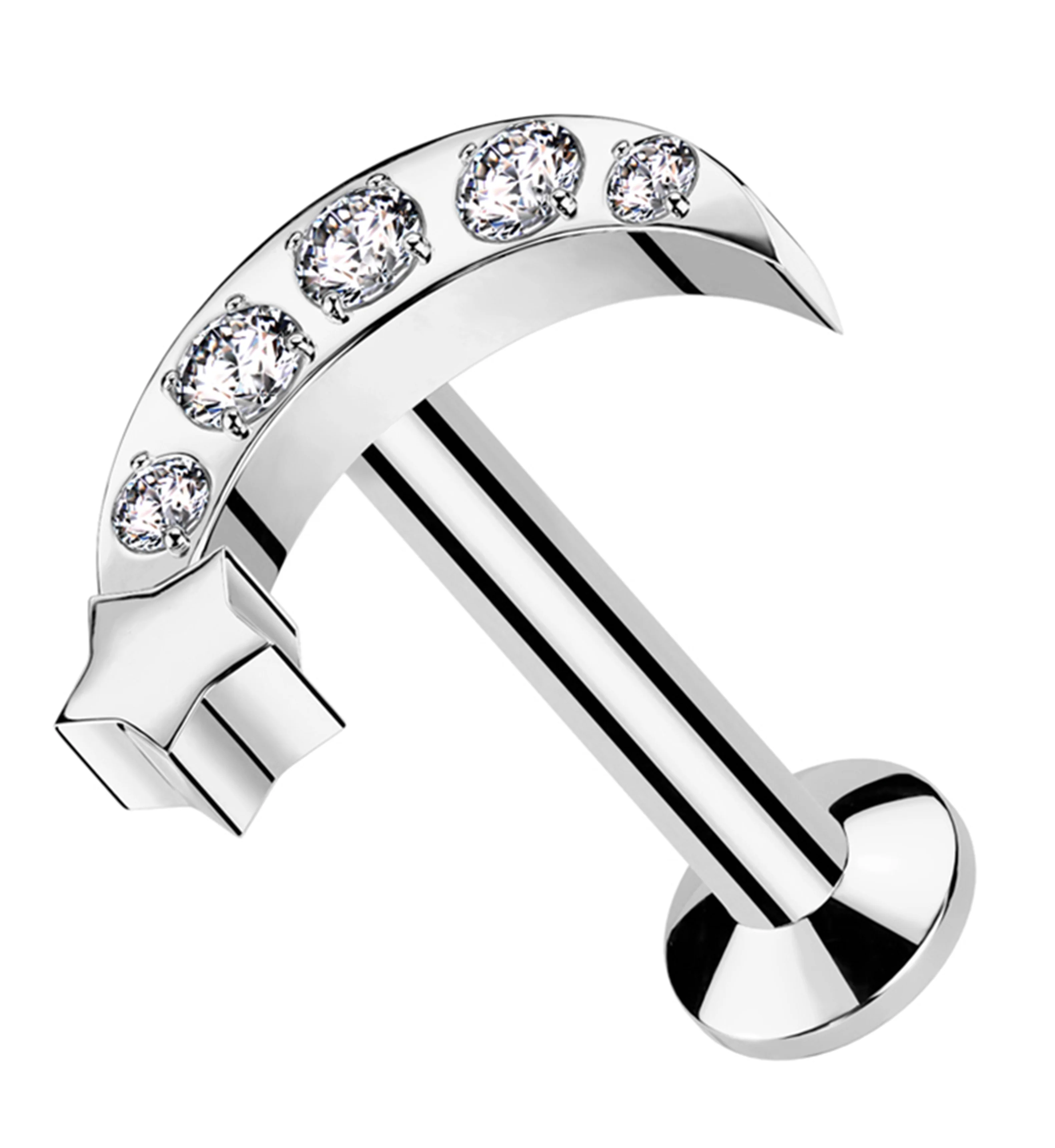 Half Moon Star Clear CZ Stainless Steel Convex Back Threadless Labret - Mrs Treak
