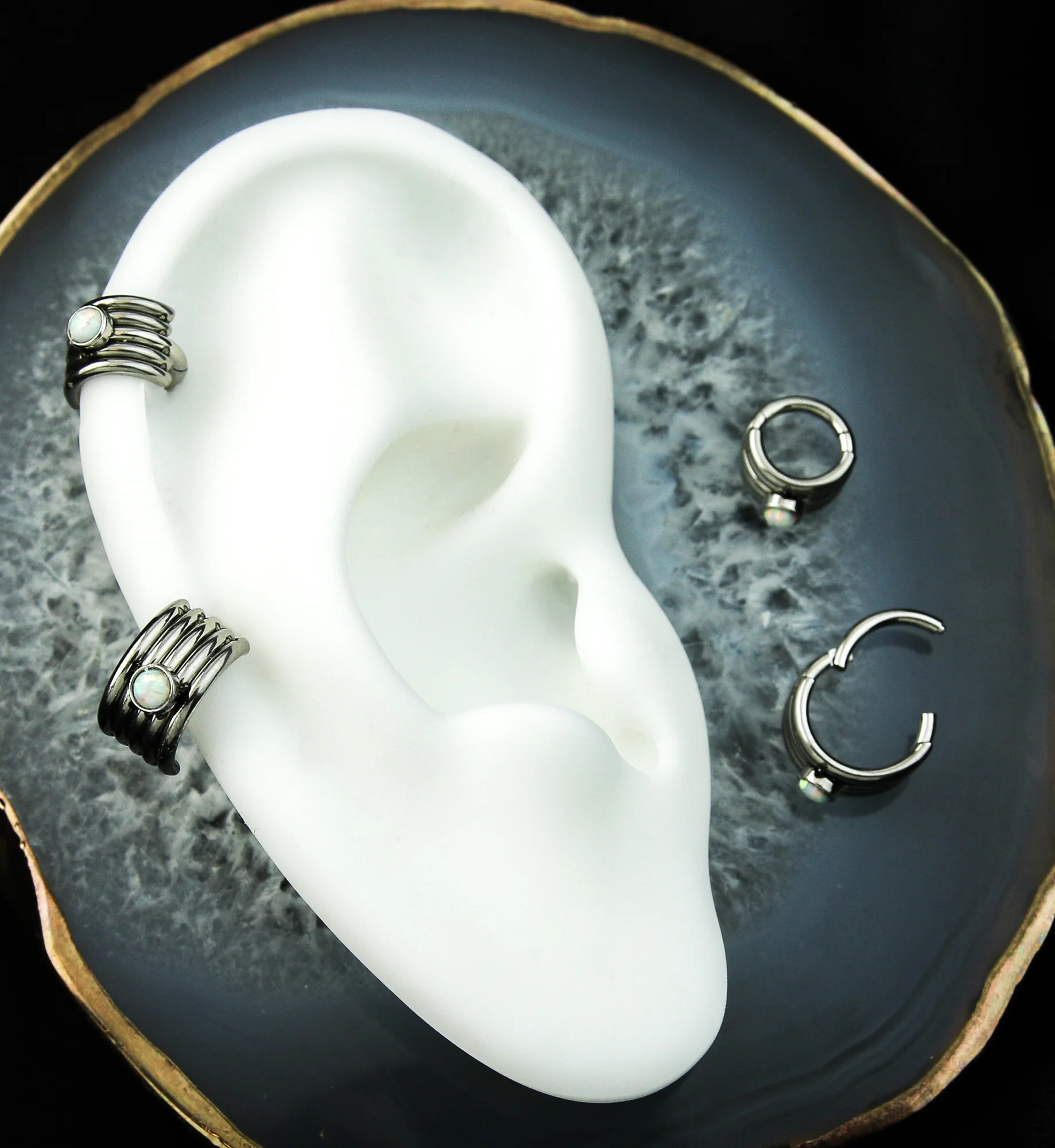 White Opalite Stacked Stainless Steel Hinged Cuff Segment Ring - Mrs Treak