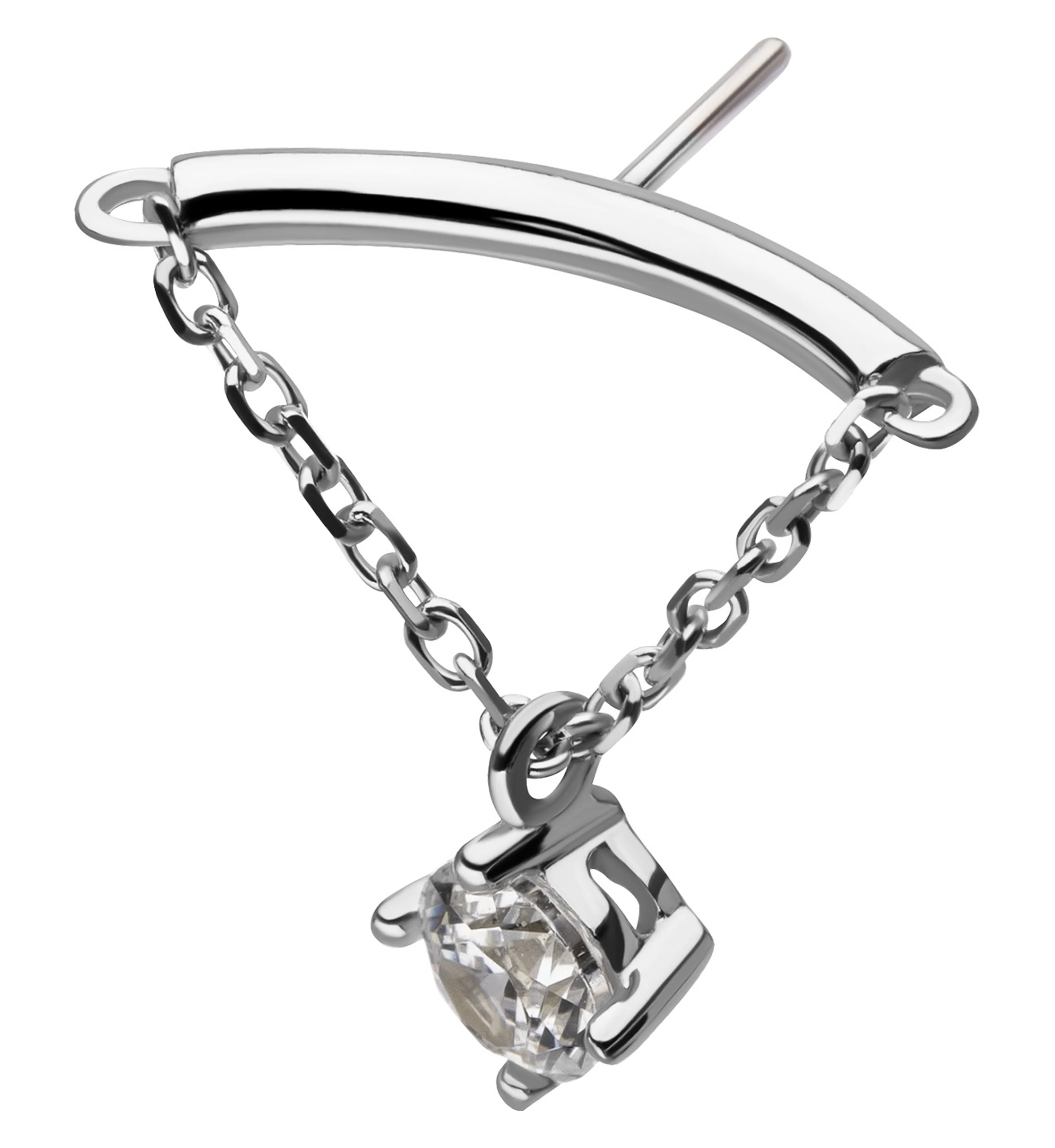 14kt White Gold Hidden Curved Bar Dangle Chain Clear CZ Threadless Top - Mrs Treak