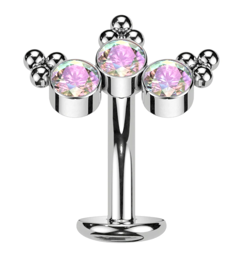 Triple Beaded Rainbow Aurora CZ Titanium Threadless Floating Belly Button Ring (Convex Disk) - Mrs Treak