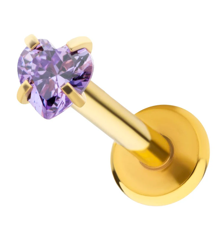 Gold PVD Heart Amethyst CZ Stainless Steel Internally Threaded Labret - Mrs Treak