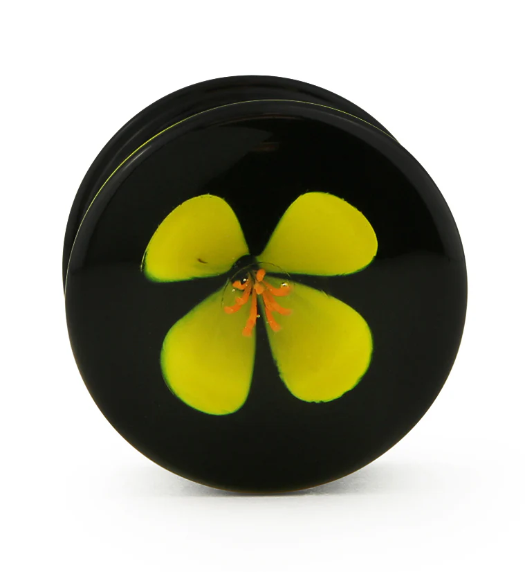 Yellow Poppy Flower Black Glass Double Flare Plugs - Mrs Treak