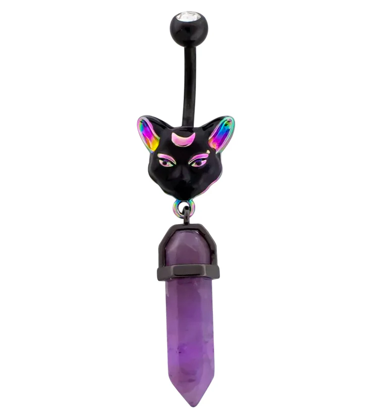 Black PVD Psychedelic Cat Purple Crystal Stainless Steel Belly Button Ring - Mrs Treak