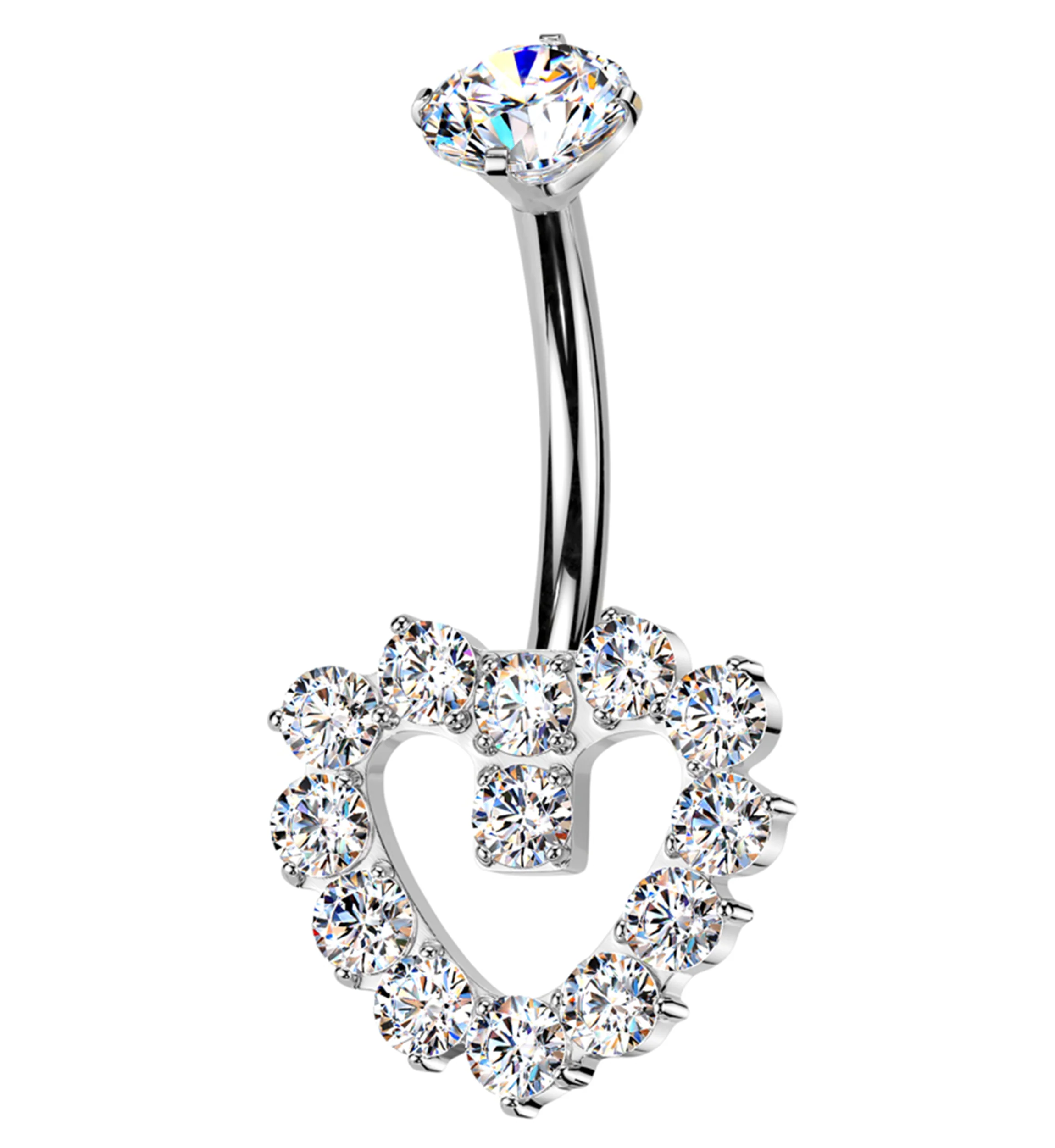 Hollow Heart Clear CZ Titanium Internally Threaded Belly Button Ring - Mrs Treak