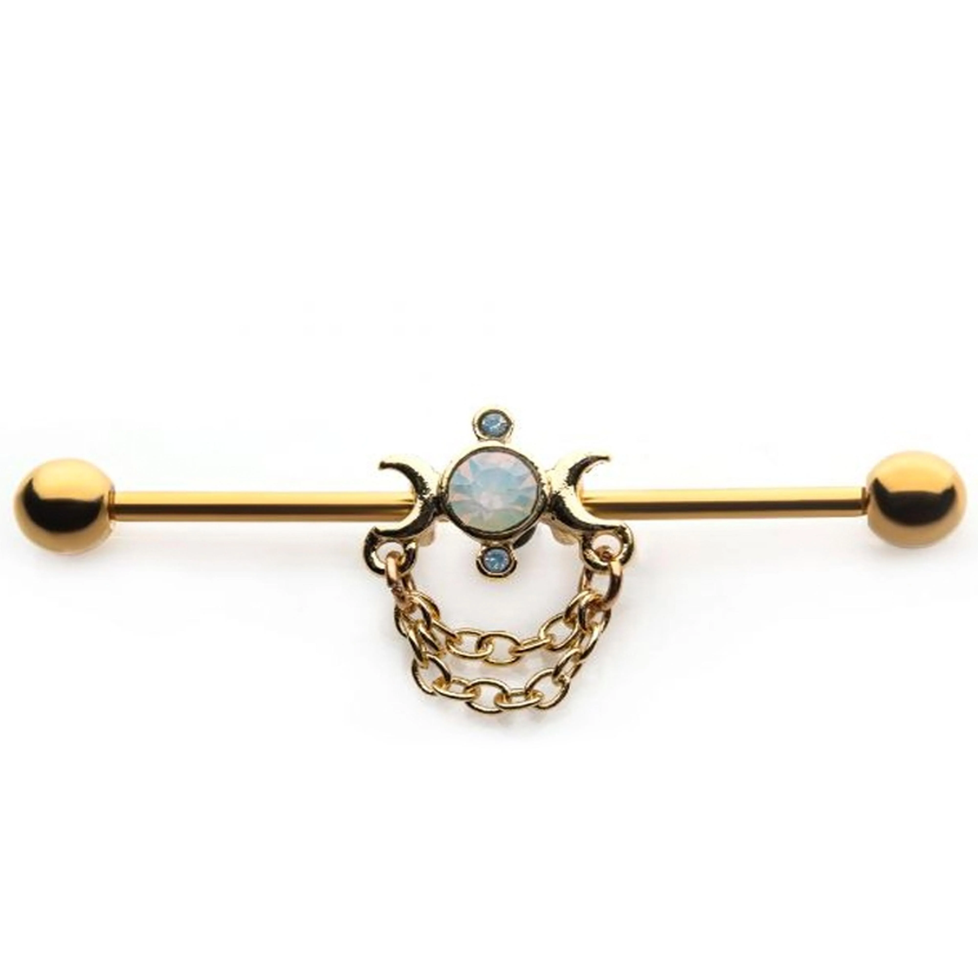 Gold PVD Crescent Moon & Opalite Chained Industrial Barbell - Mrs Treak