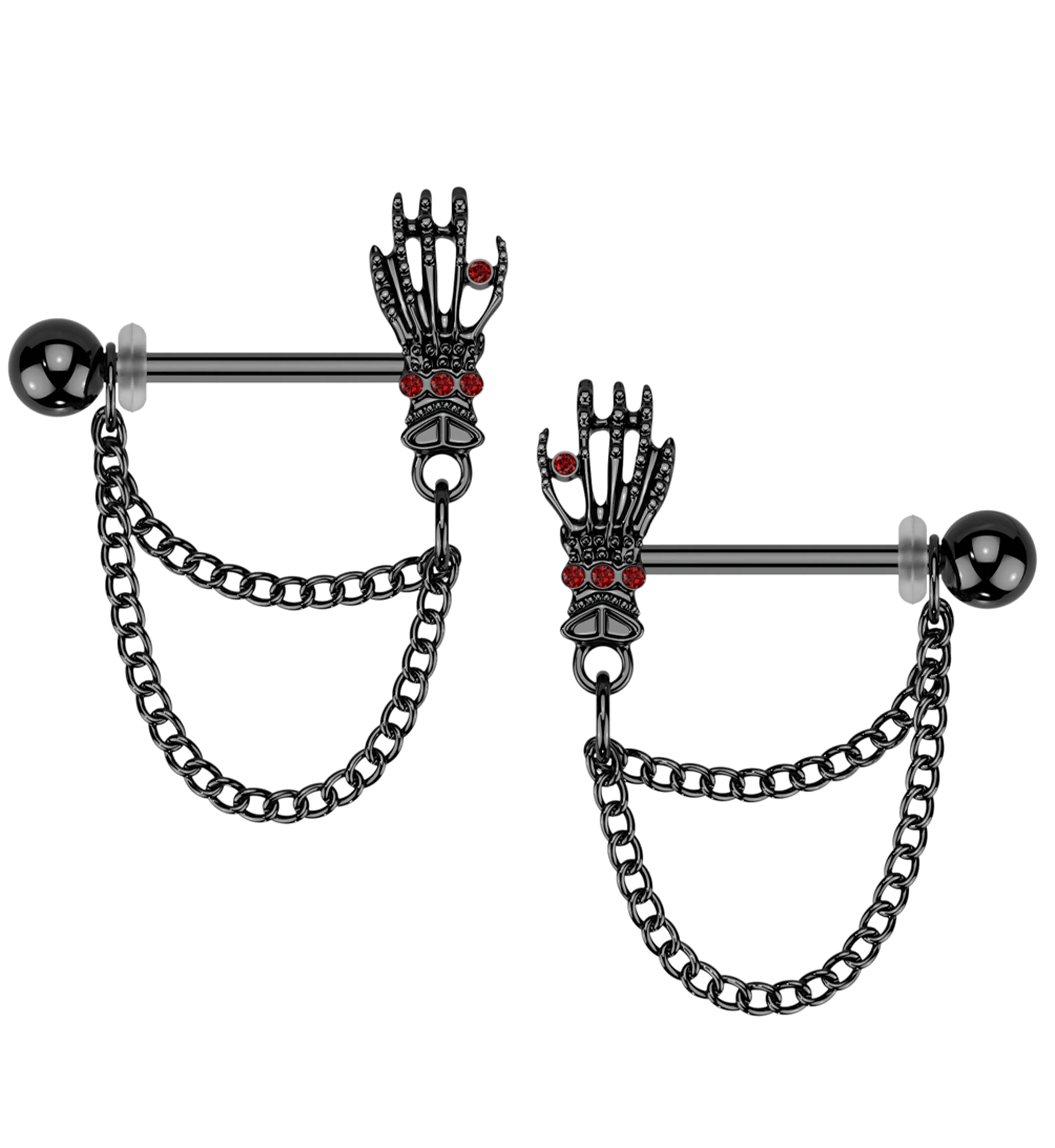 Black PVD Skeleton Hand Red CZ Dangle Chain Stainless Steel Nipple Barbell - Mrs Treak