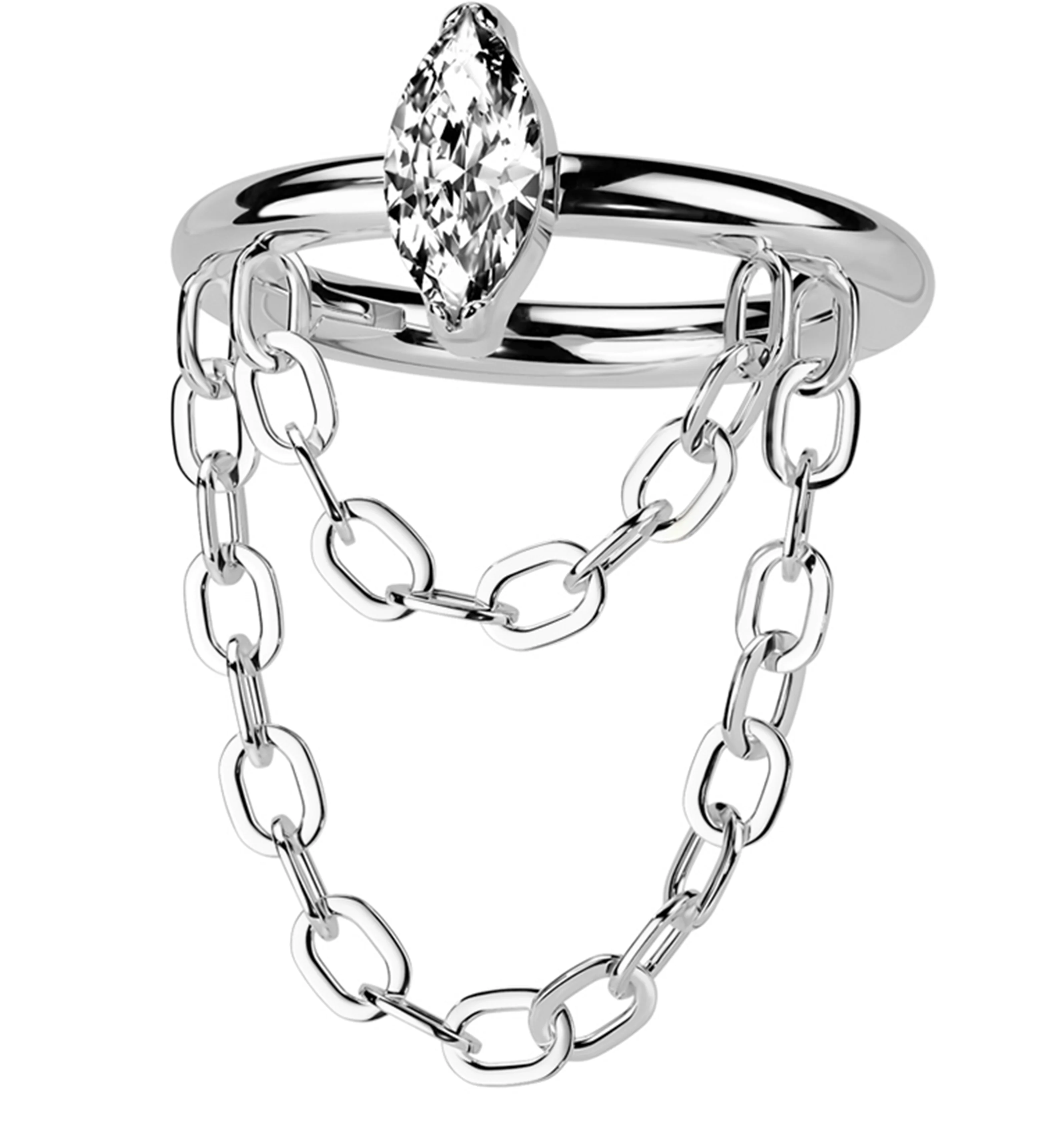 Outward Marquise CZ Double Dangle Chain Stainless Steel Hinged Segment Ring - Mrs Treak