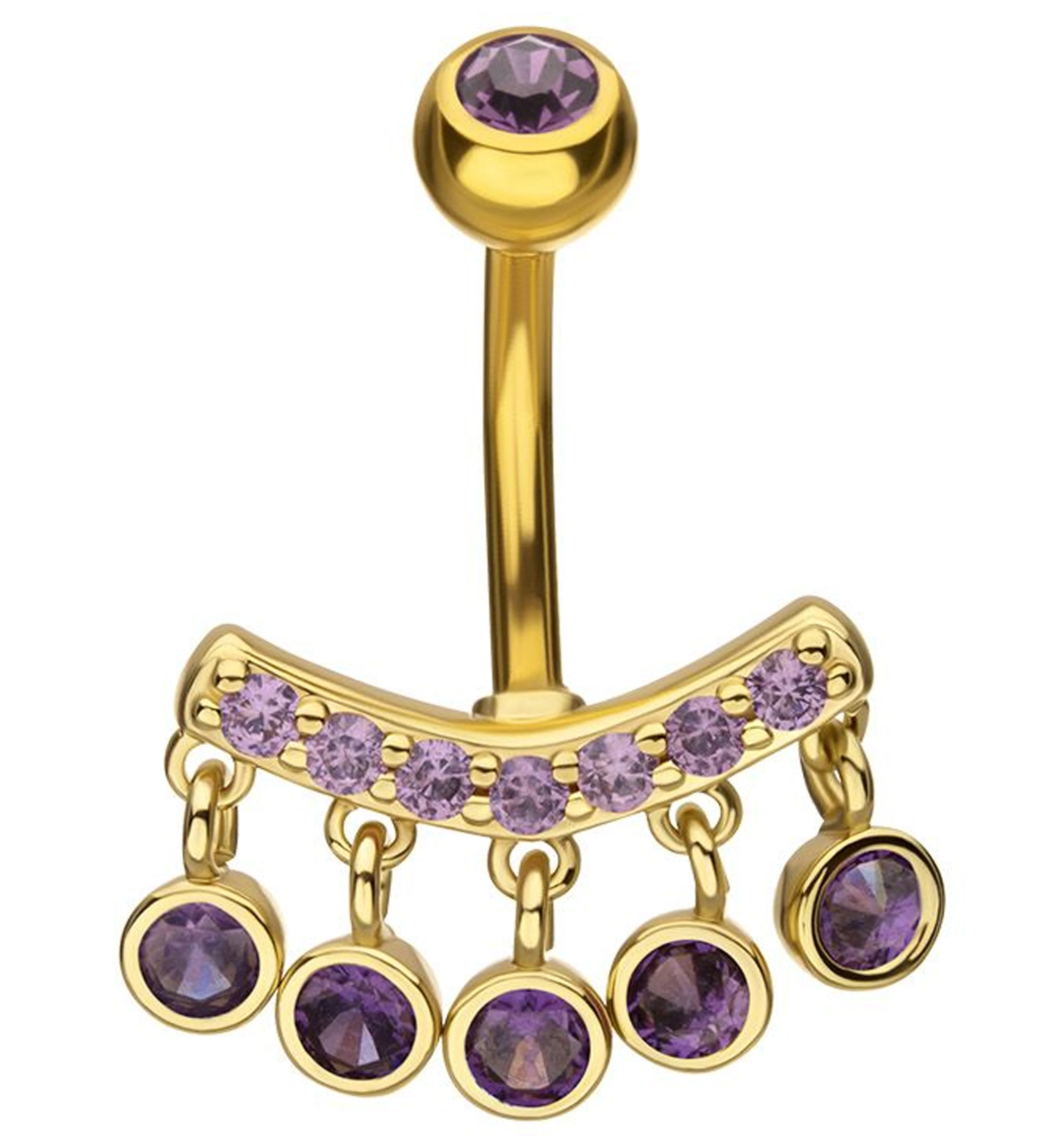 Gold PVD Curve Quinate Amethyst CZ Dangle Stainless Steel Belly Button Ring - Mrs Treak