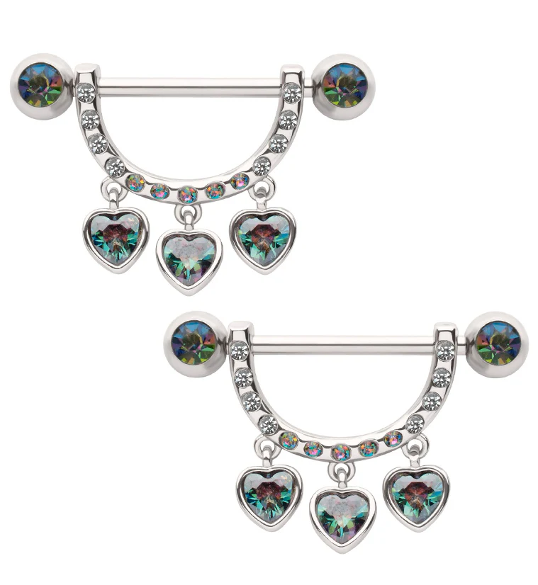 Triple Heart Dangle Black Aurora CZ Stainless Steel Nipple Barbell - Mrs Treak