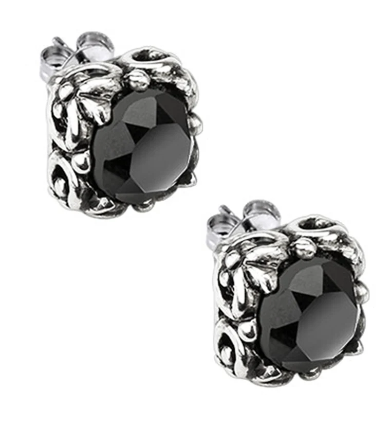 Ornate Black Square CZ Stainless Steel Stud Earrings - Mrs Treak