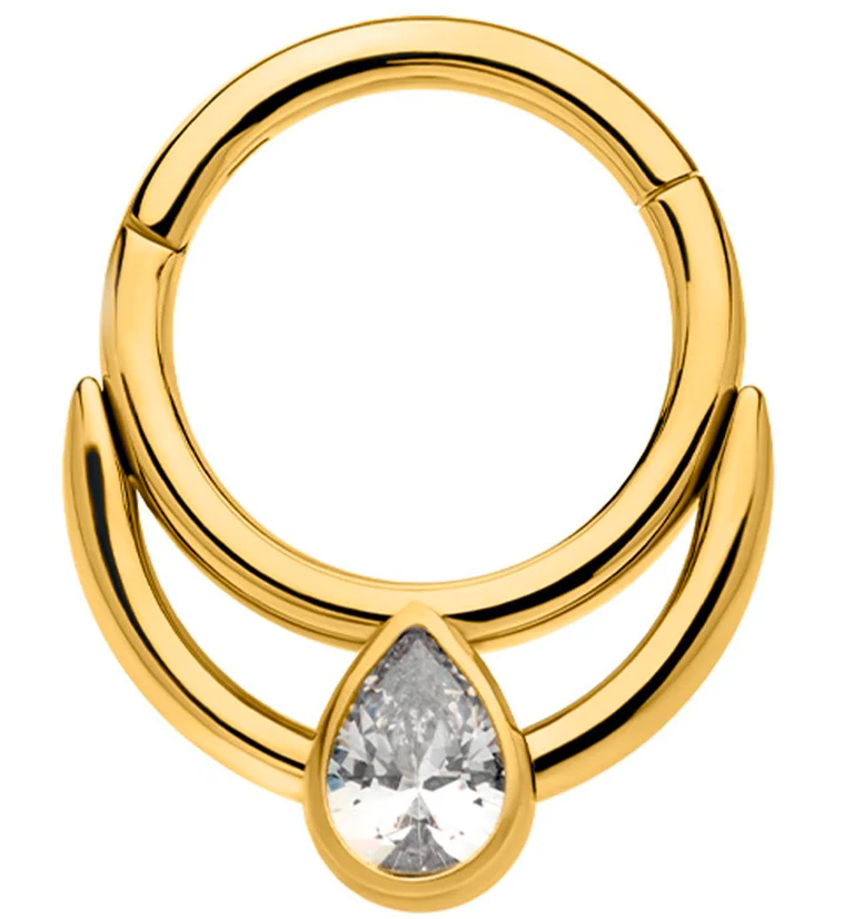 Gold PVD Double Hoop Teardrop Clear CZ Stainless Steel Hinged Segment Ring - Mrs Treak