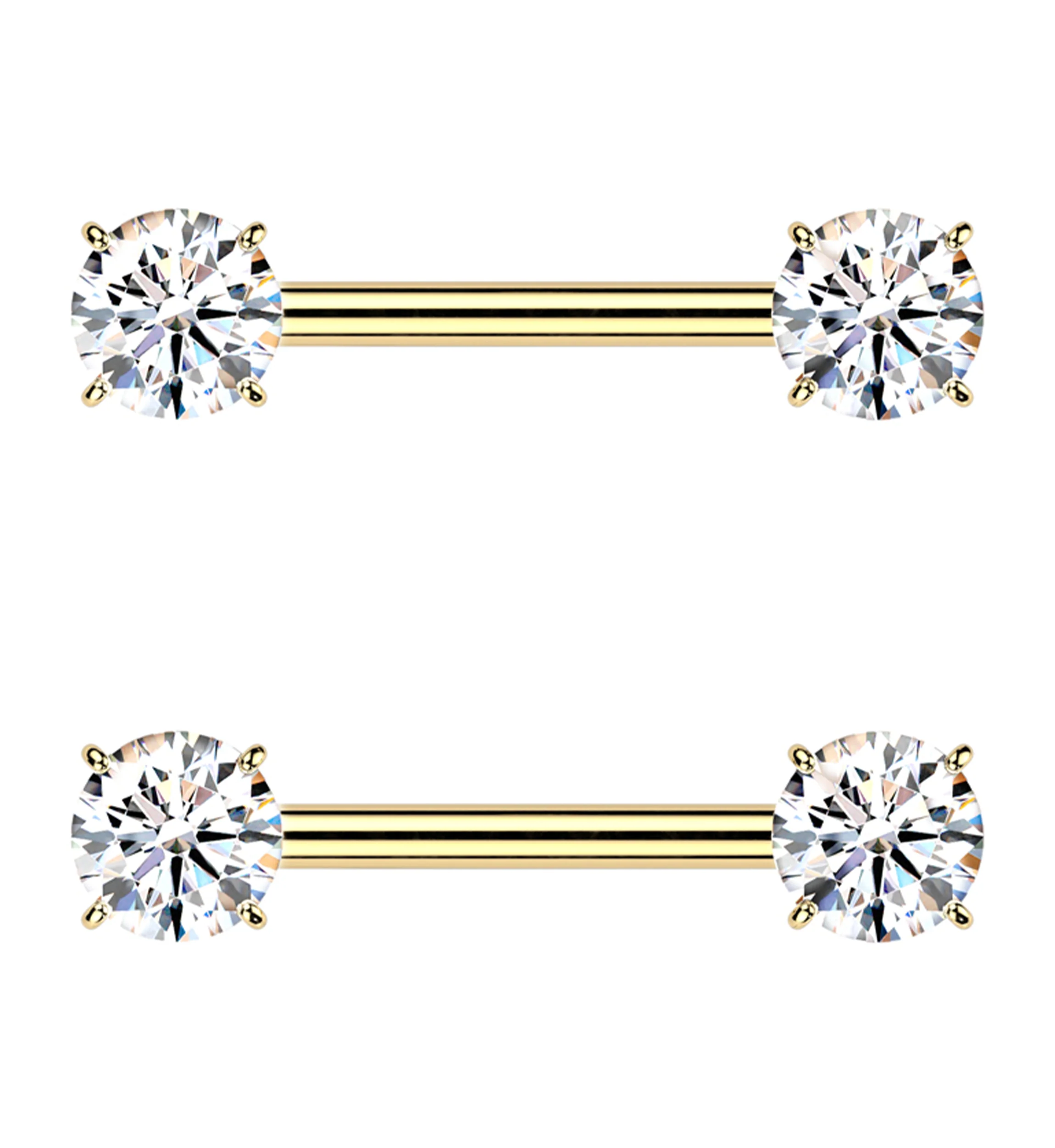 Gold PVD Prong Double Clear CZ Internally Threaded Titanium Nipple Barbell - Mrs Treak