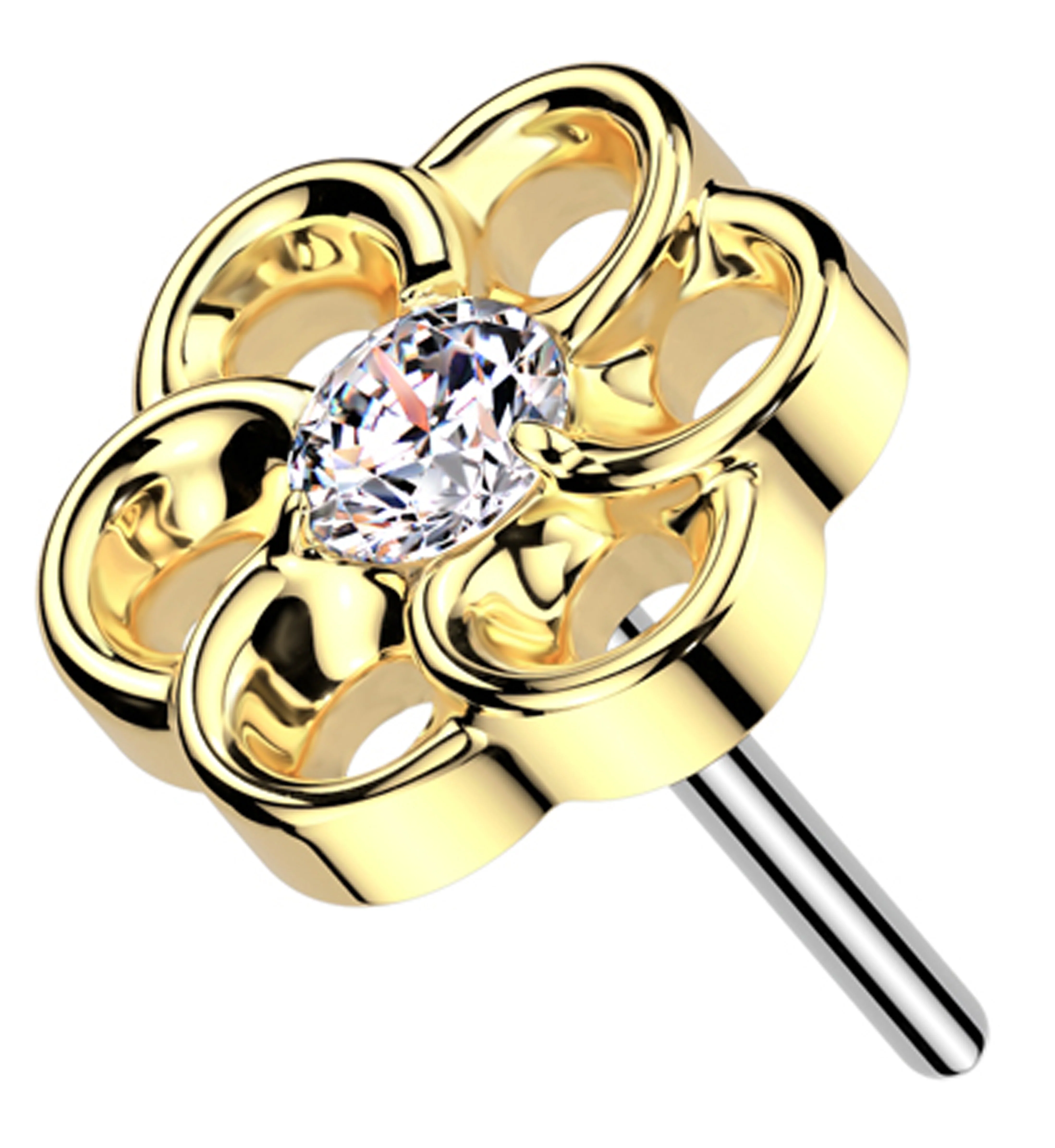 Gold PVD Roil Flower Clear CZ Threadless Titanium Top - Mrs Treak