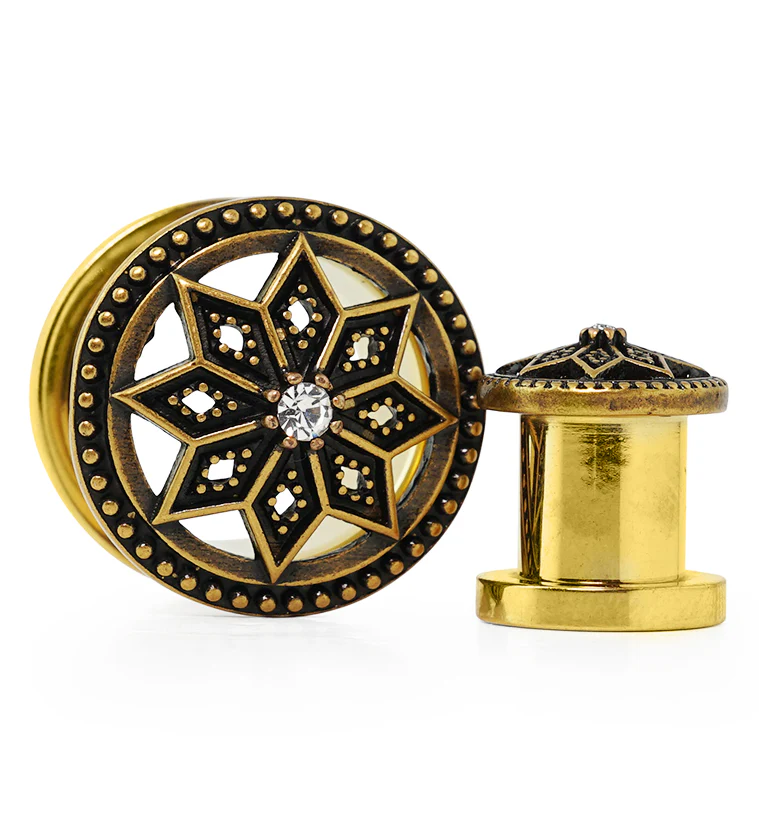 Gold PVD Relic Flower CZ Stainless Steel Tunnel Plugs - Mrs Treak
