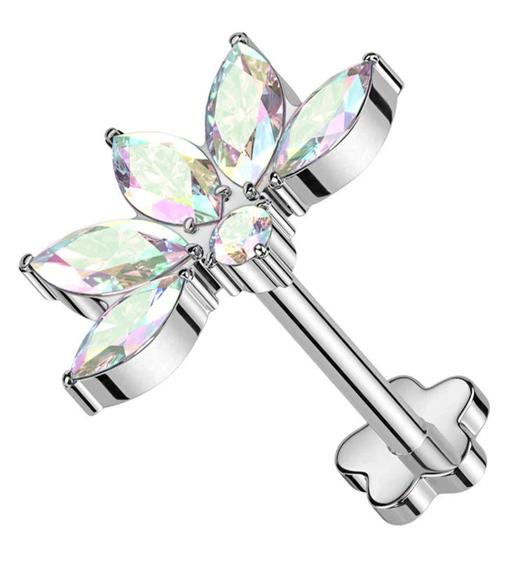 Lotus Flower Rainbow Aurora CZ Threadless Titanium Flower Back Labret - Mrs Treak