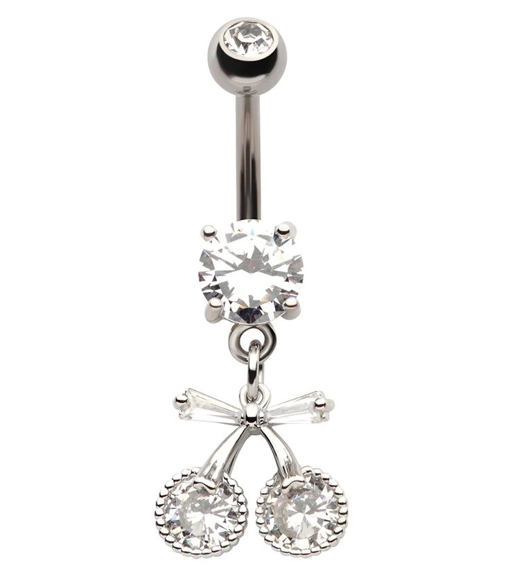 Cherry Bow CZ Dangle Stainless Steel Belly Button Ring - Mrs Treak
