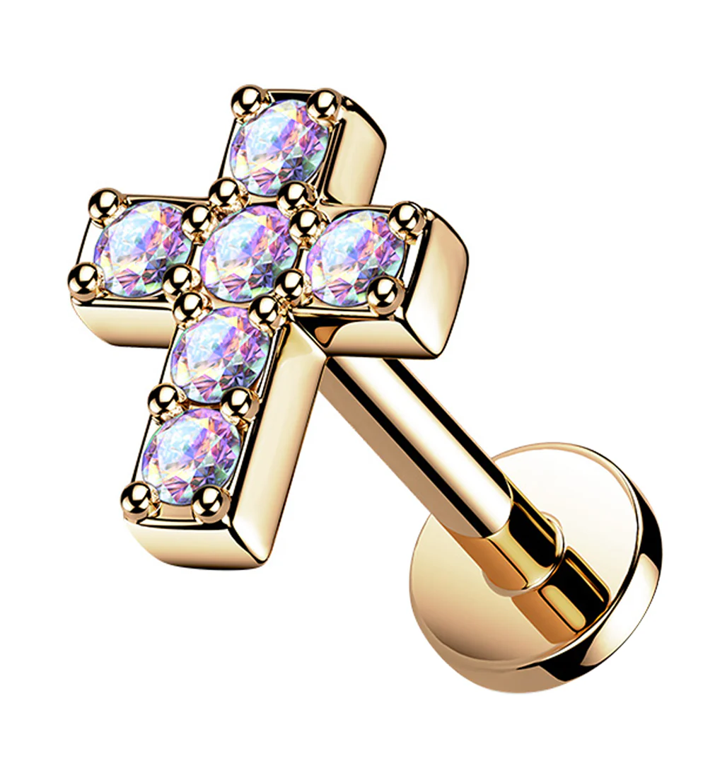 Rose Gold PVD Cross Aura CZ Gem Labret Post - Mrs Treak