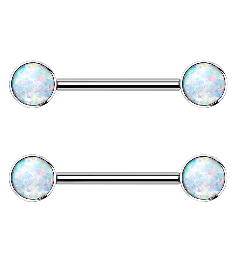 14G Double White Opalite Titanium Nipple Ring Barbell - Mrs Treak