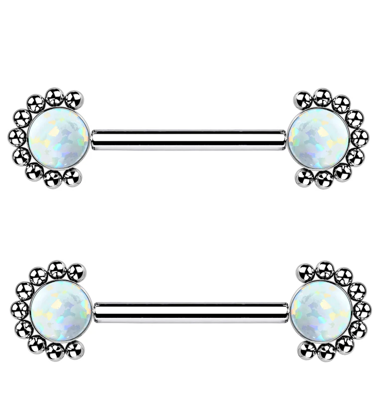14G Encirc Double White Opalite Threadless Titanium Nipple Ring Barbell - Mrs Treak