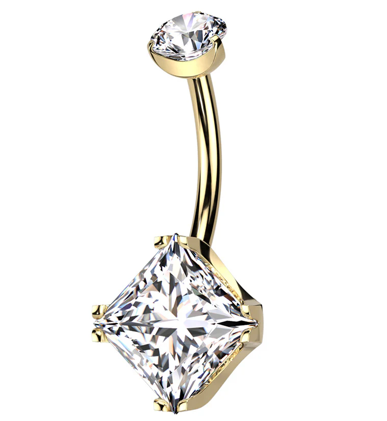 Gold PVD Square Clear CZ Internally Threaded Titanium Belly Button Ring - Mrs Treak