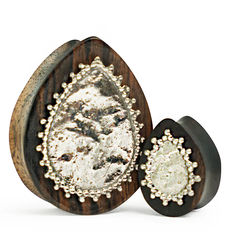 Doily White Brass Inlay Areng Wood Teardrop Plugs - Mrs Treak