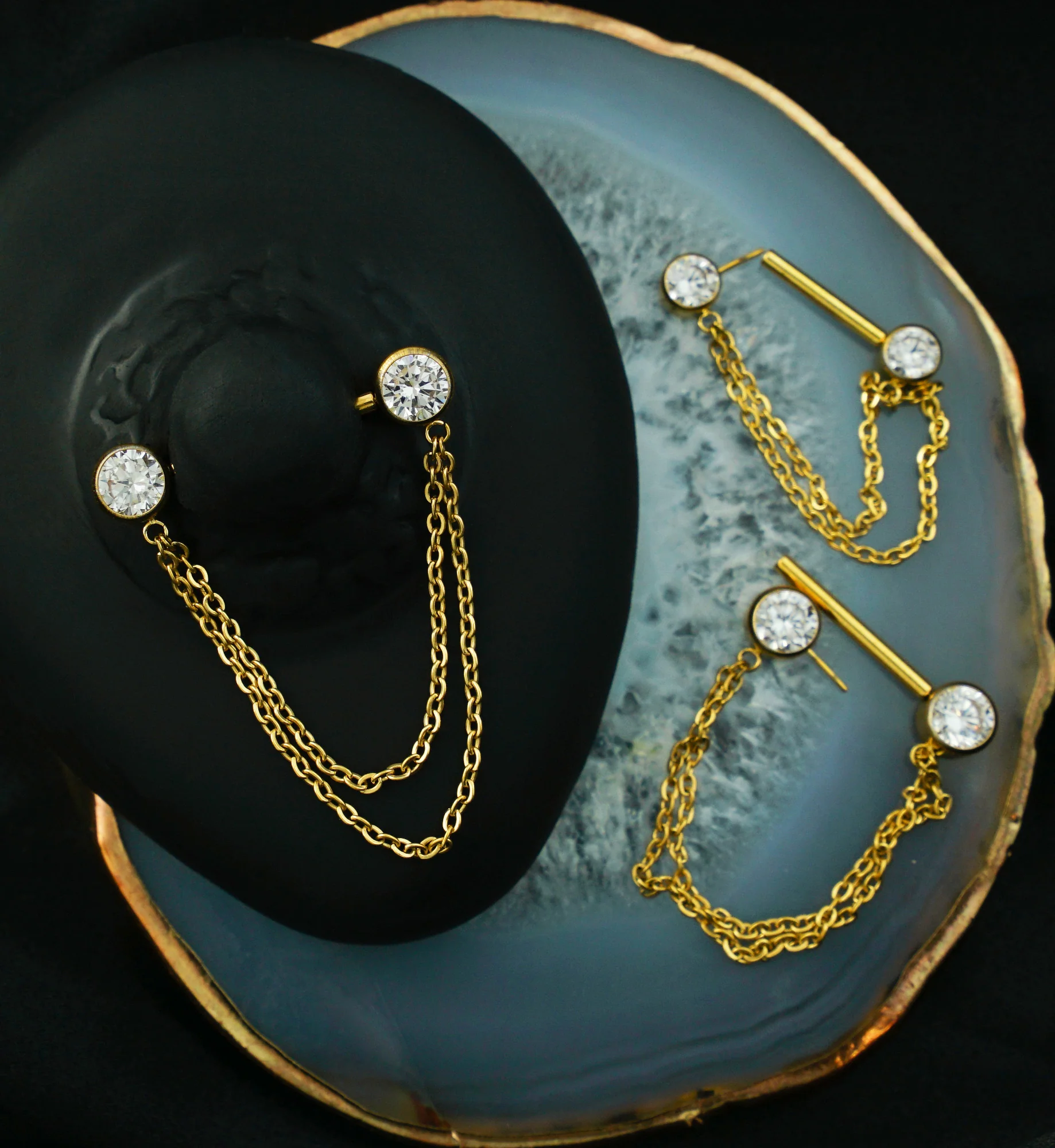 Gold PVD Front Facing Clear CZ Double Dangle Threadless Titanium Nipple Barbell - Mrs Treak