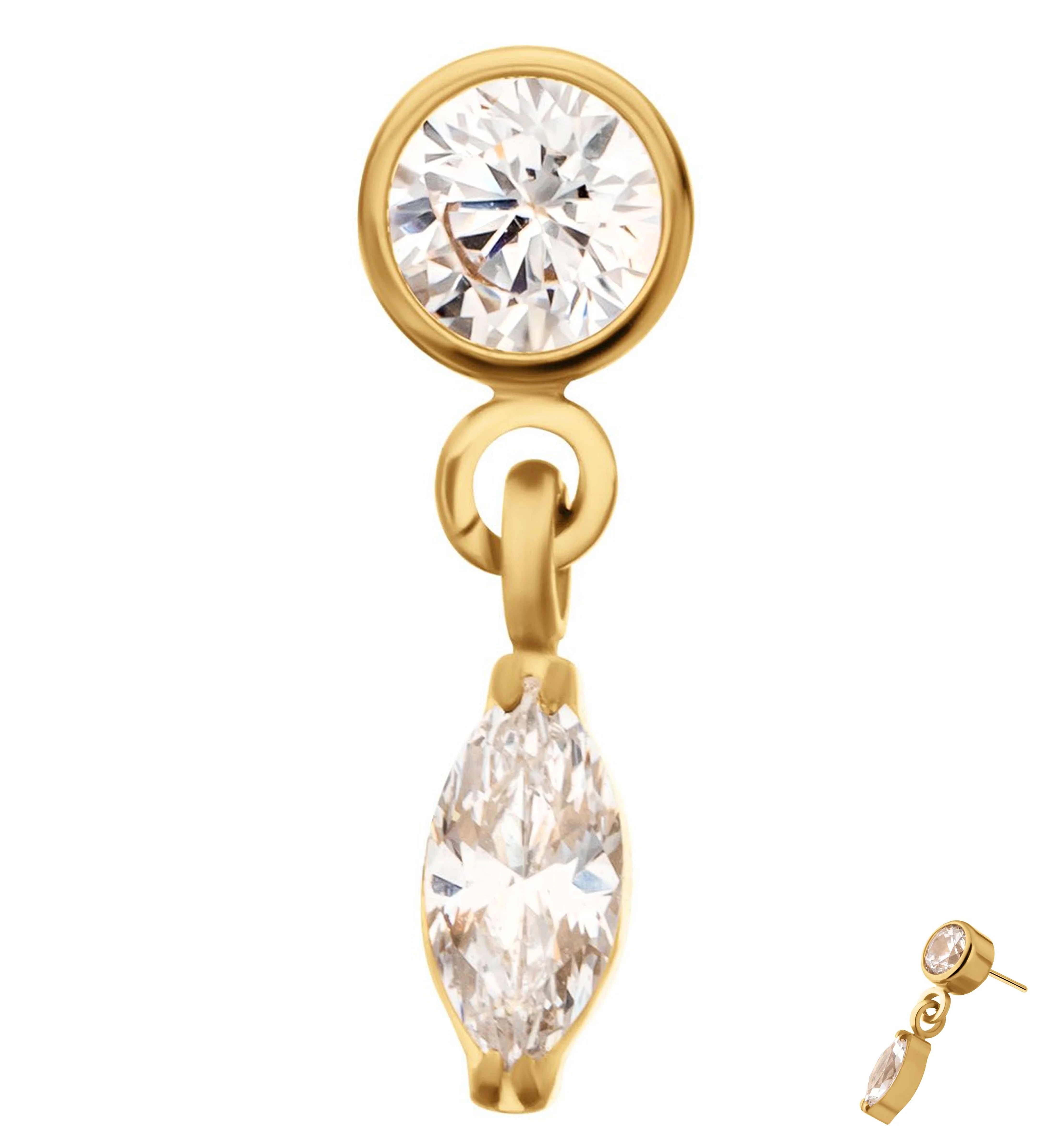 24kt Gold PVD Bezel Clear CZ Marquise Dangle Titanium Threadless Top - Mrs Treak
