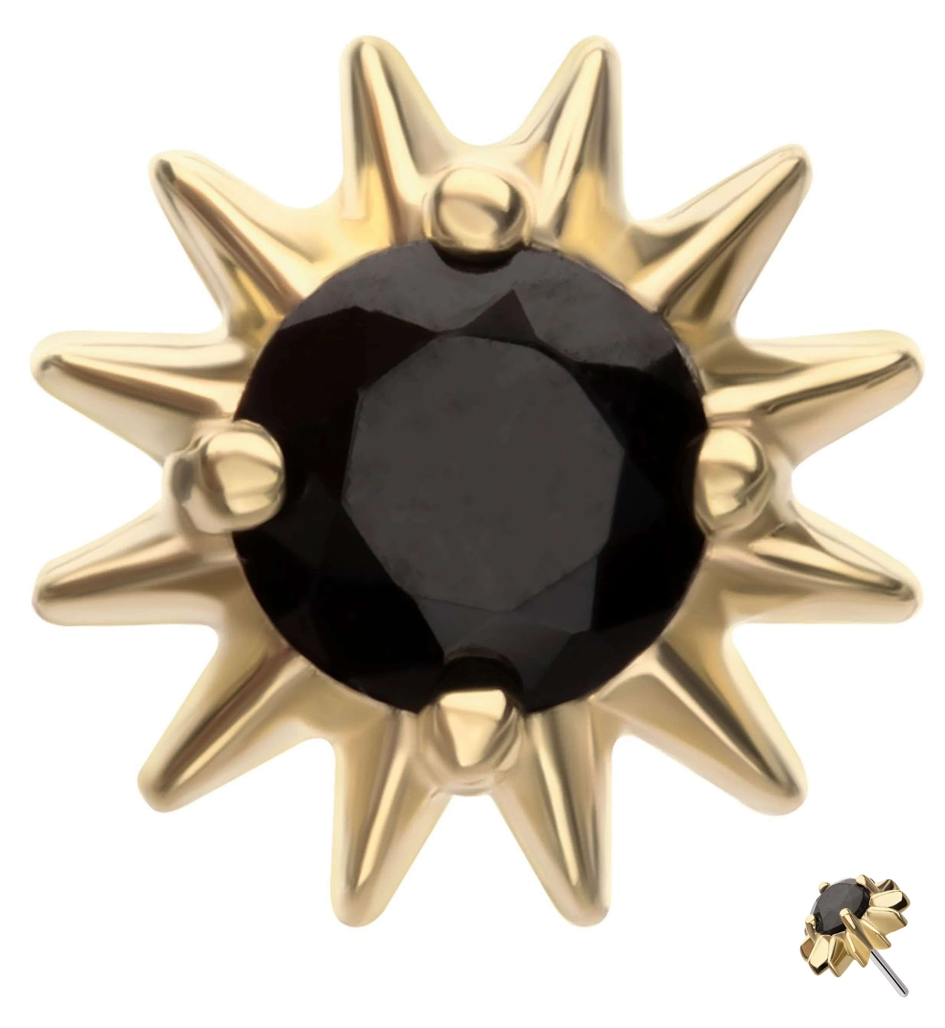 14kt Gold Spiked Black Sun CZ Threadless Top - Mrs Treak