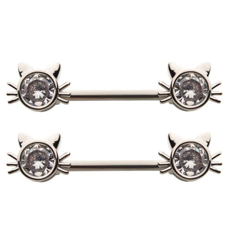 14G CZ Kitty Cat Nipple Rings Barbell - Mrs Treak
