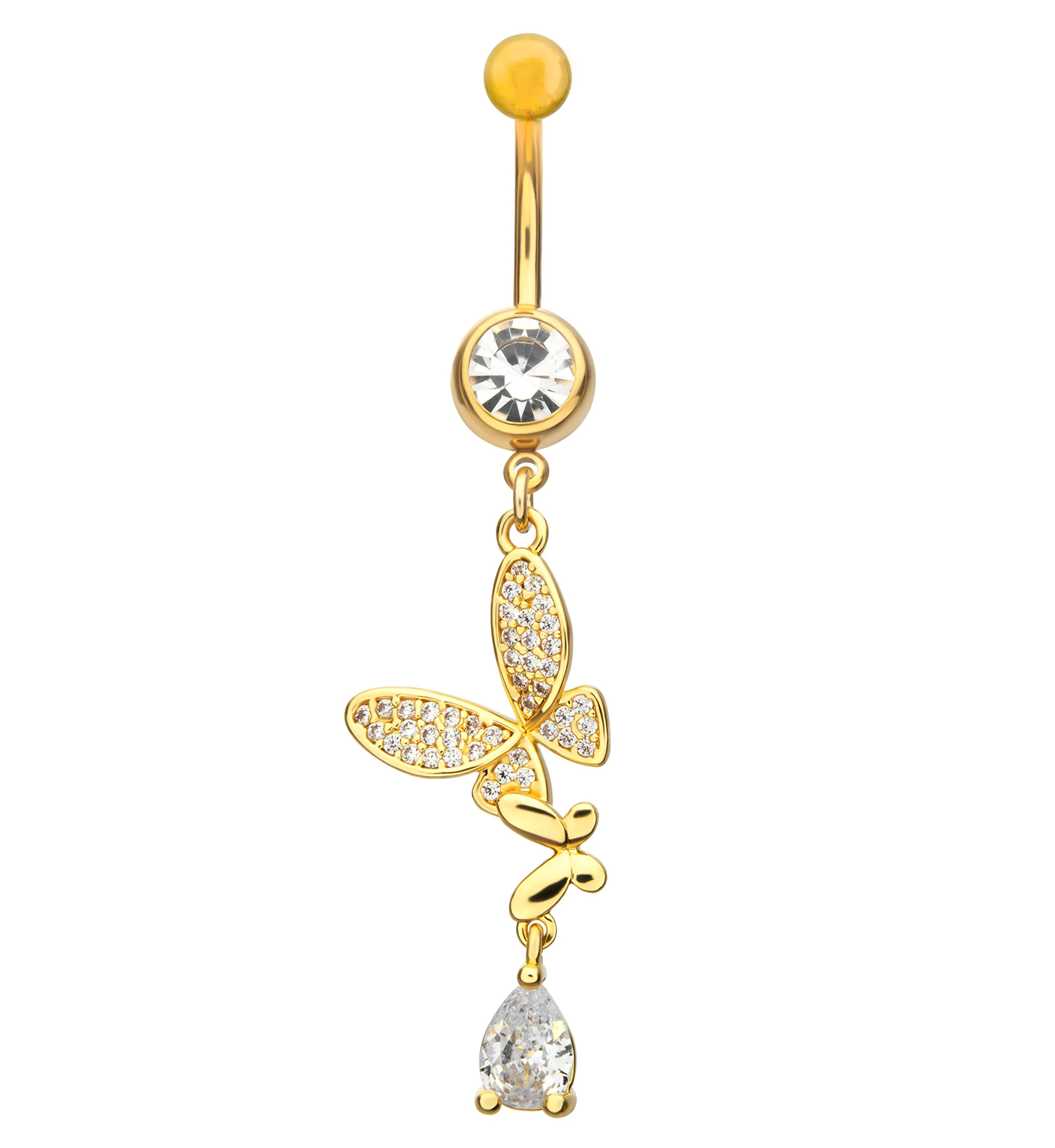 Gold PVD Flying Teardrop Butterfly Clear CZ Dangle Stainless Steel Belly Button Ring - Mrs Treak