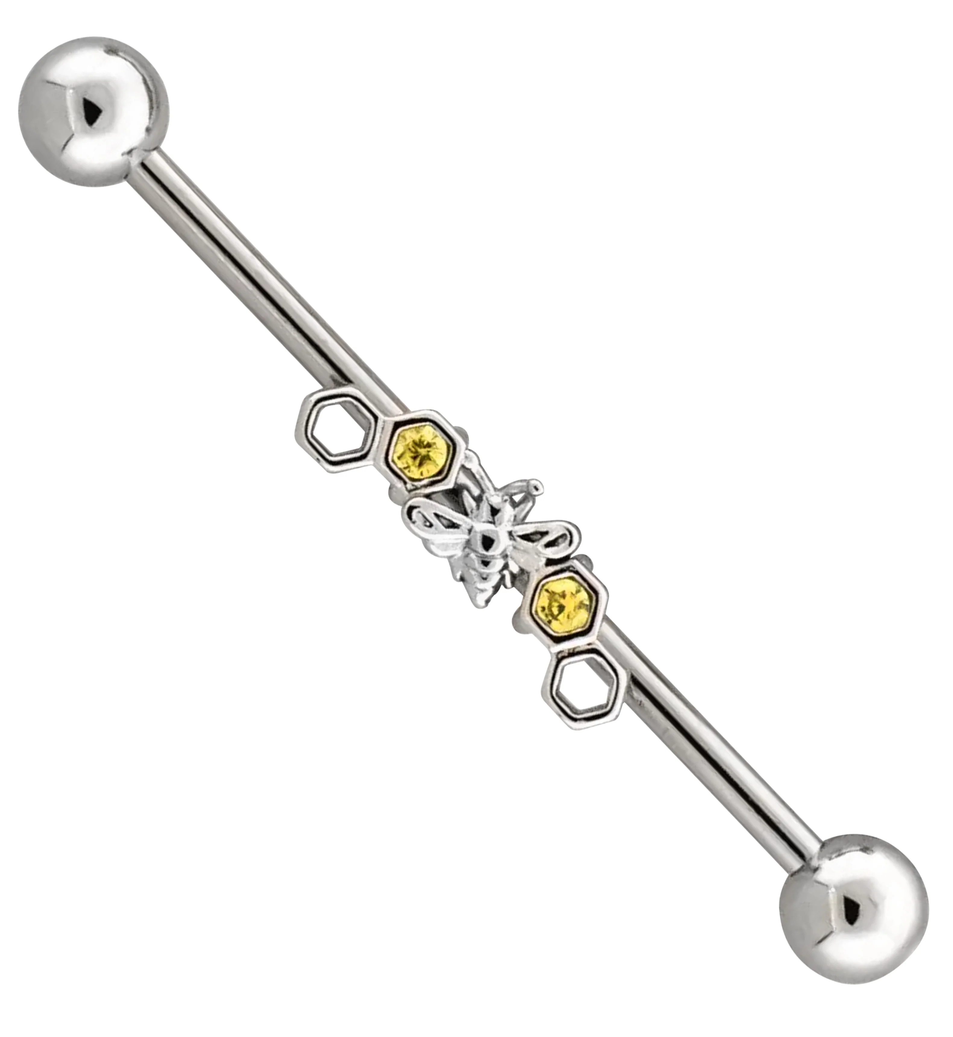 Honeycomb Bee Yellow CZ Stainless Steel Industrial Barbell - Mrs Treak