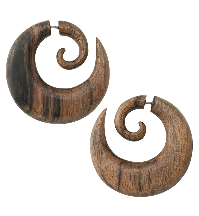 Broad Areng Wood Fake Gauge Spiral Earrings - Mrs Treak