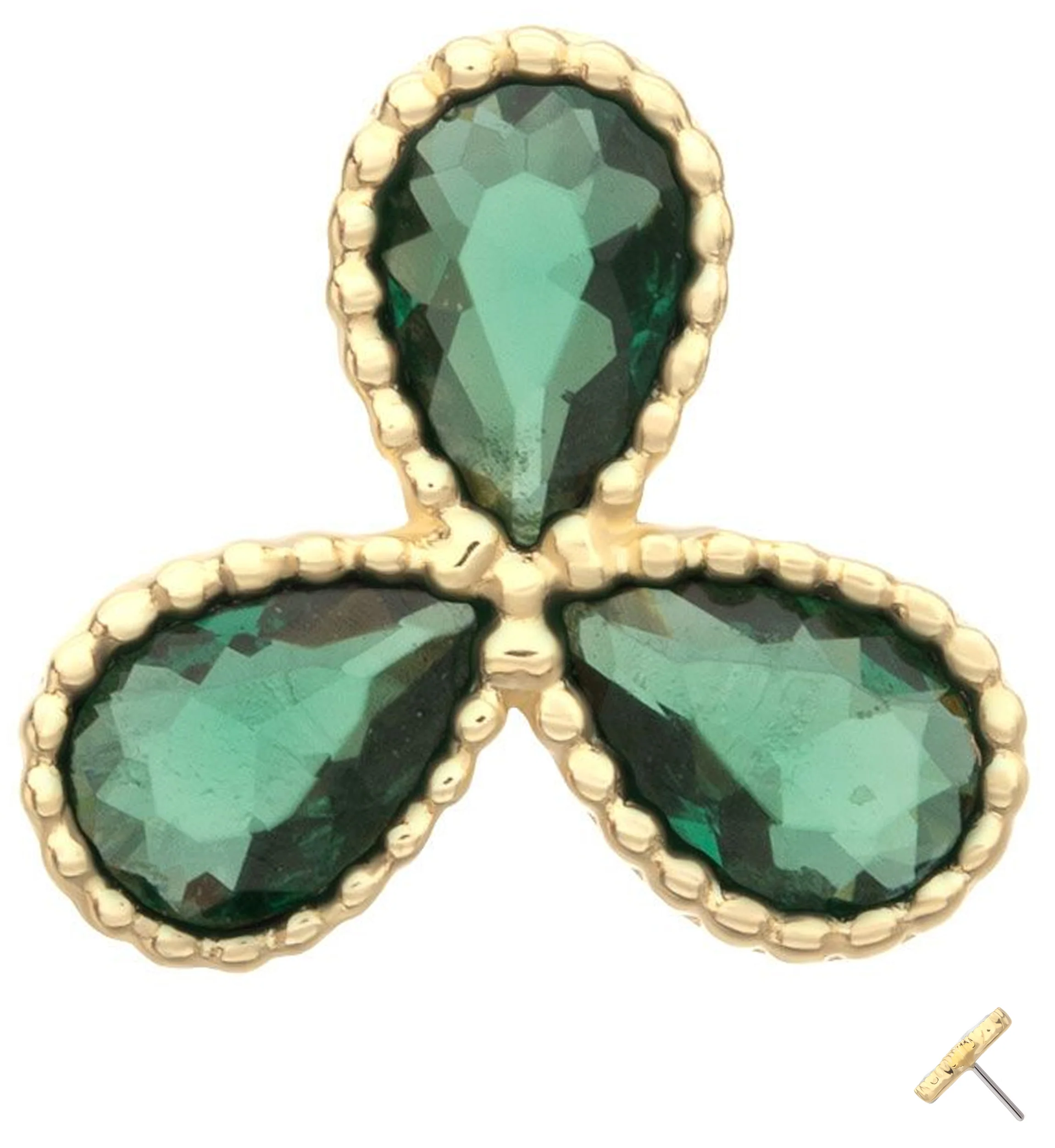 14kt Gold Triple Milgrain Teardrop Emerald CZ Threadless Top - Mrs Treak