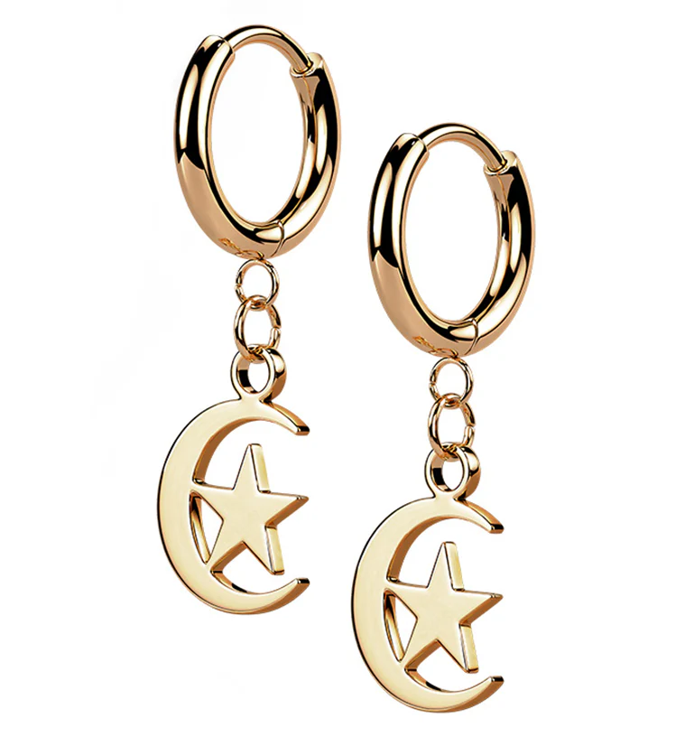 Rose Gold PVD Crescent Star Stainless Steel Hinged Earrings - Mrs Treak