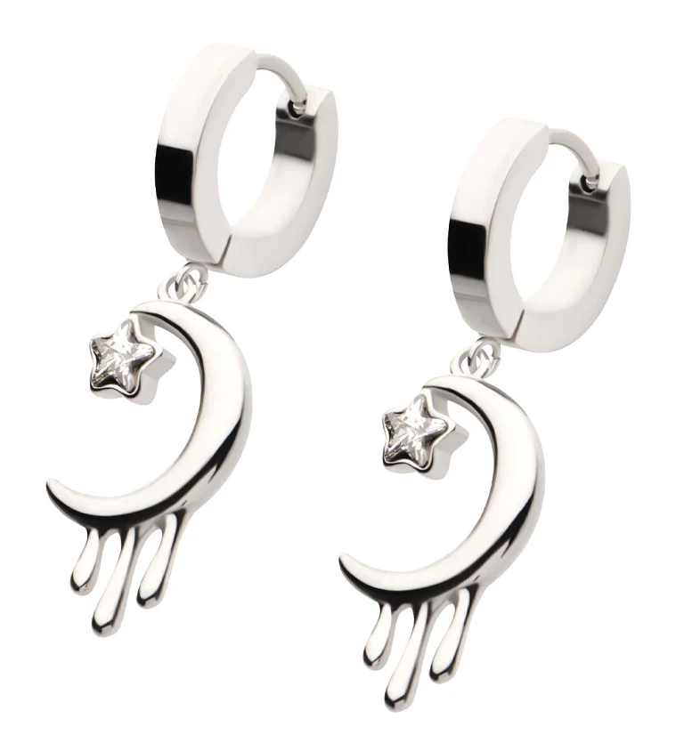 Dripping Half Moon Star Clear CZ Stainless Steel Hoop Huggie Earrings - Mrs Treak