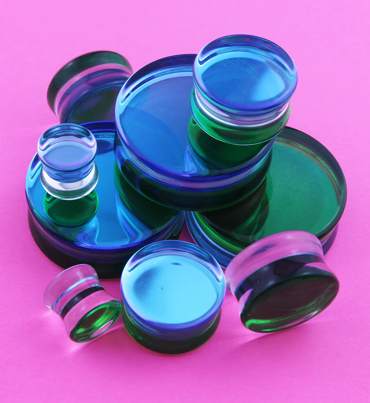 Green Iridescent Glass Double Flare Plugs - Mrs Treak