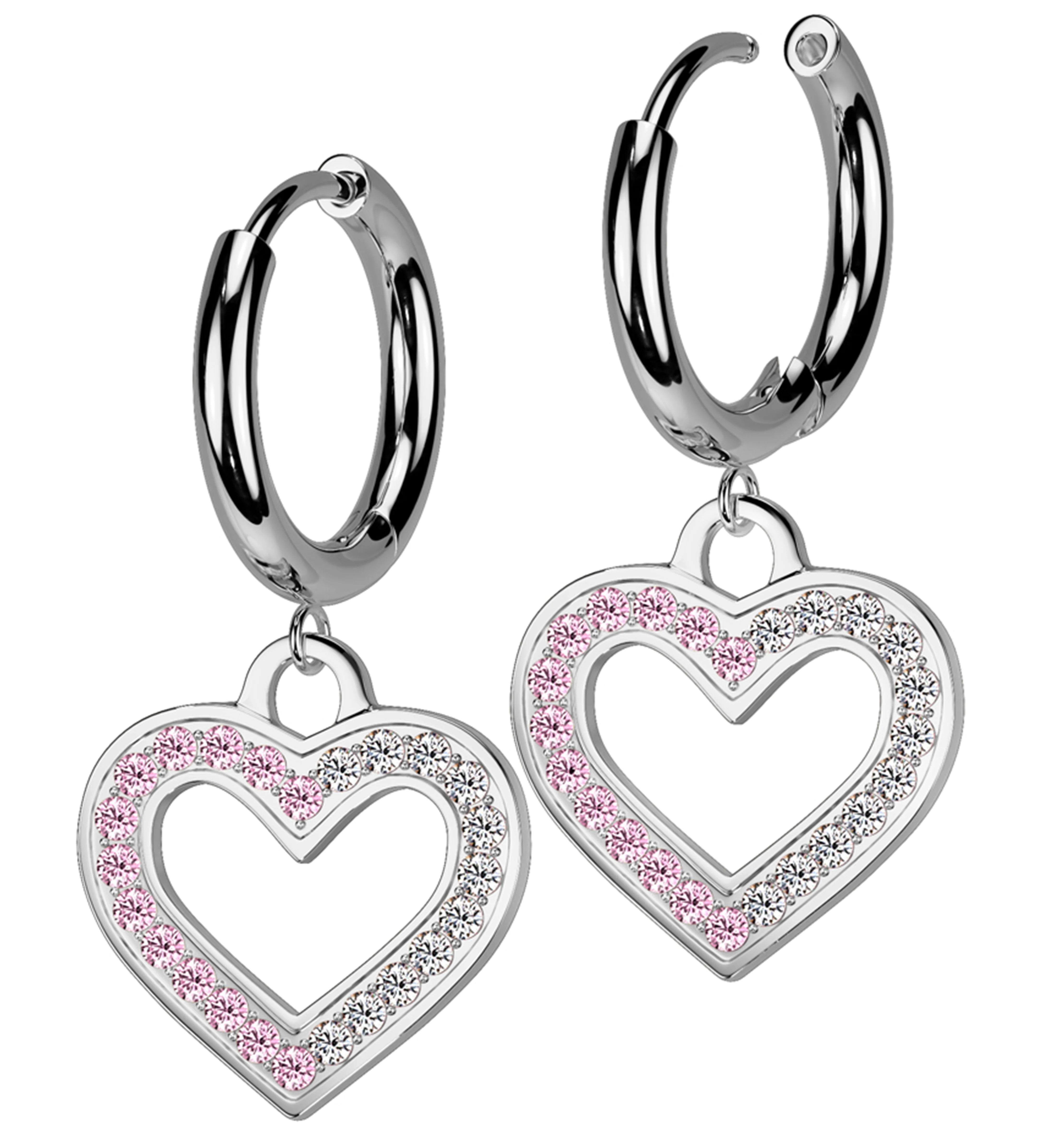 Heart Cutout Clear And Pink CZ Stainless Steel Hinged Earrings - Mrs Treak