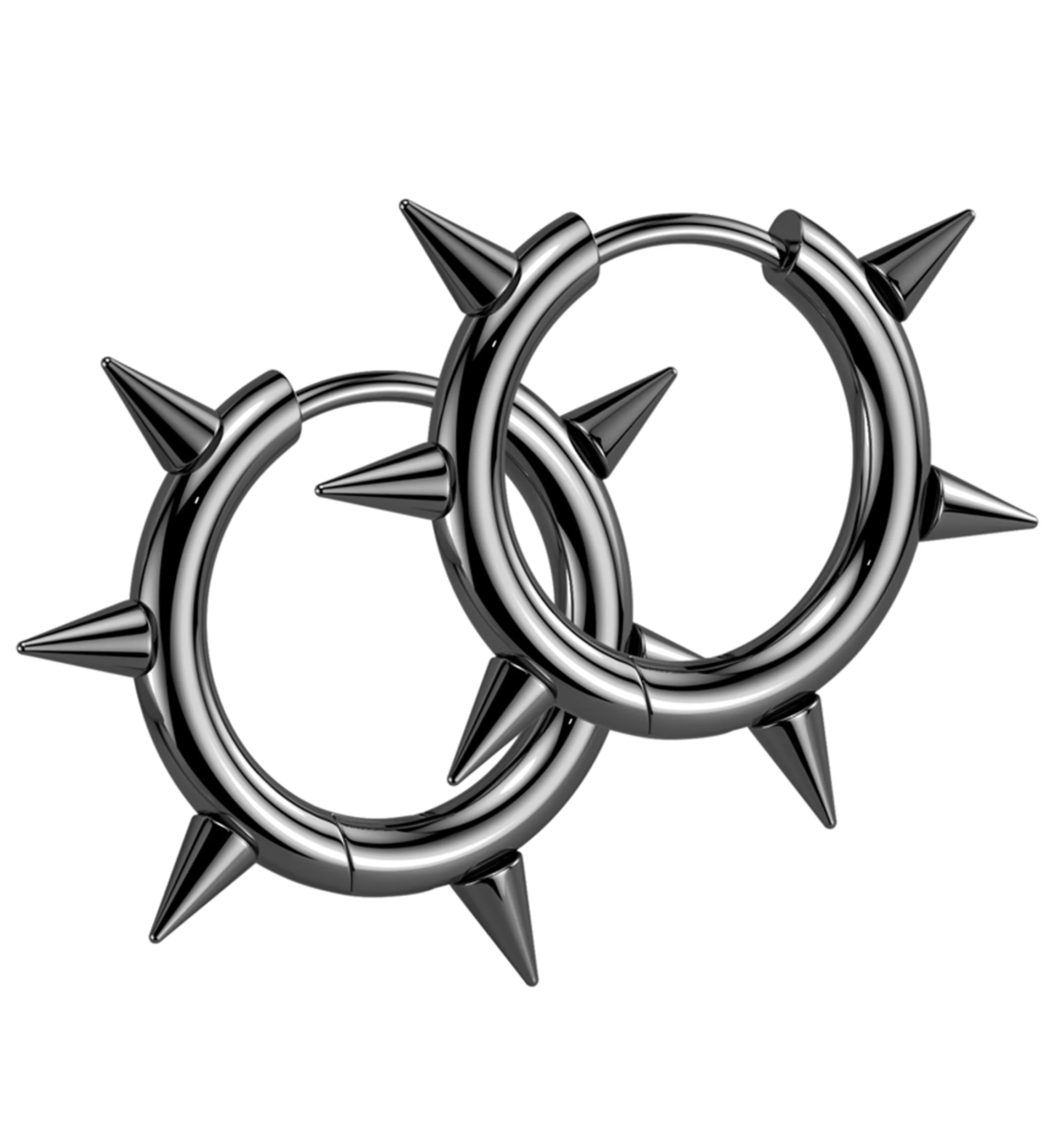 Black PVD Spikes Stainless Steel Hinged Hoop Huggie Earrings - Mrs Treak