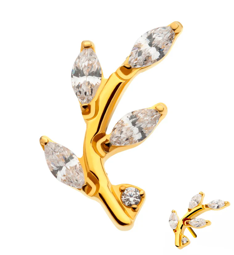 Gold PVD Leaf Clear CZ Threadless Titanium Top - Mrs Treak