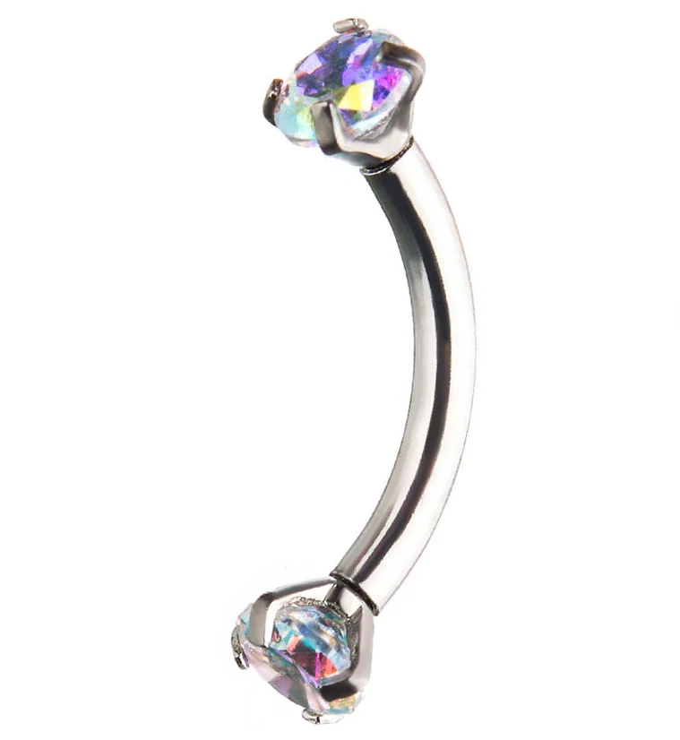 Rainbow Aurora CZ Prong Set Stainless Steel Curved Barbell - Mrs Treak