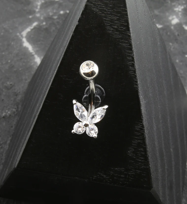 Butterfly Clear CZ Stainless Steel Belly Button Ring - Mrs Treak