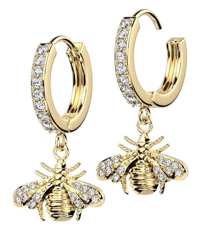 Gold PVD Bee CZ Stainless Steel Hoop Earrings - Mrs Treak